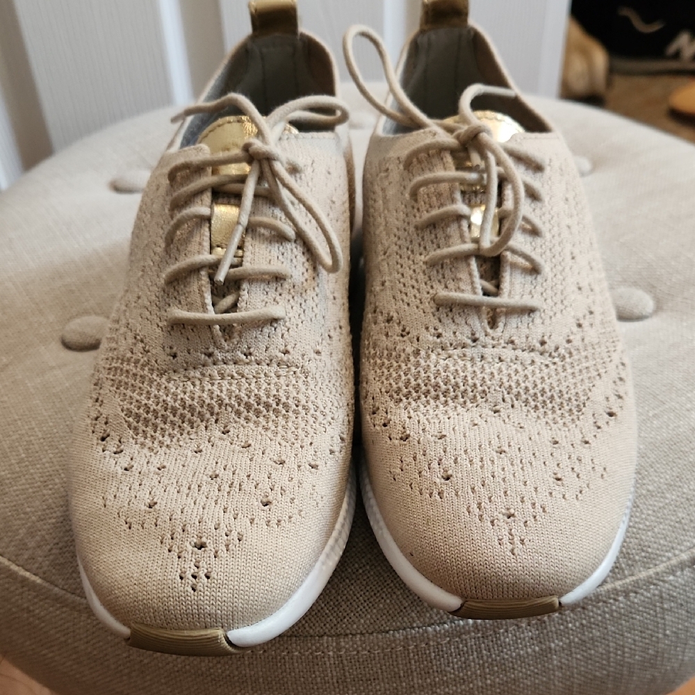 Beige Knit Lace-Up Sneakers